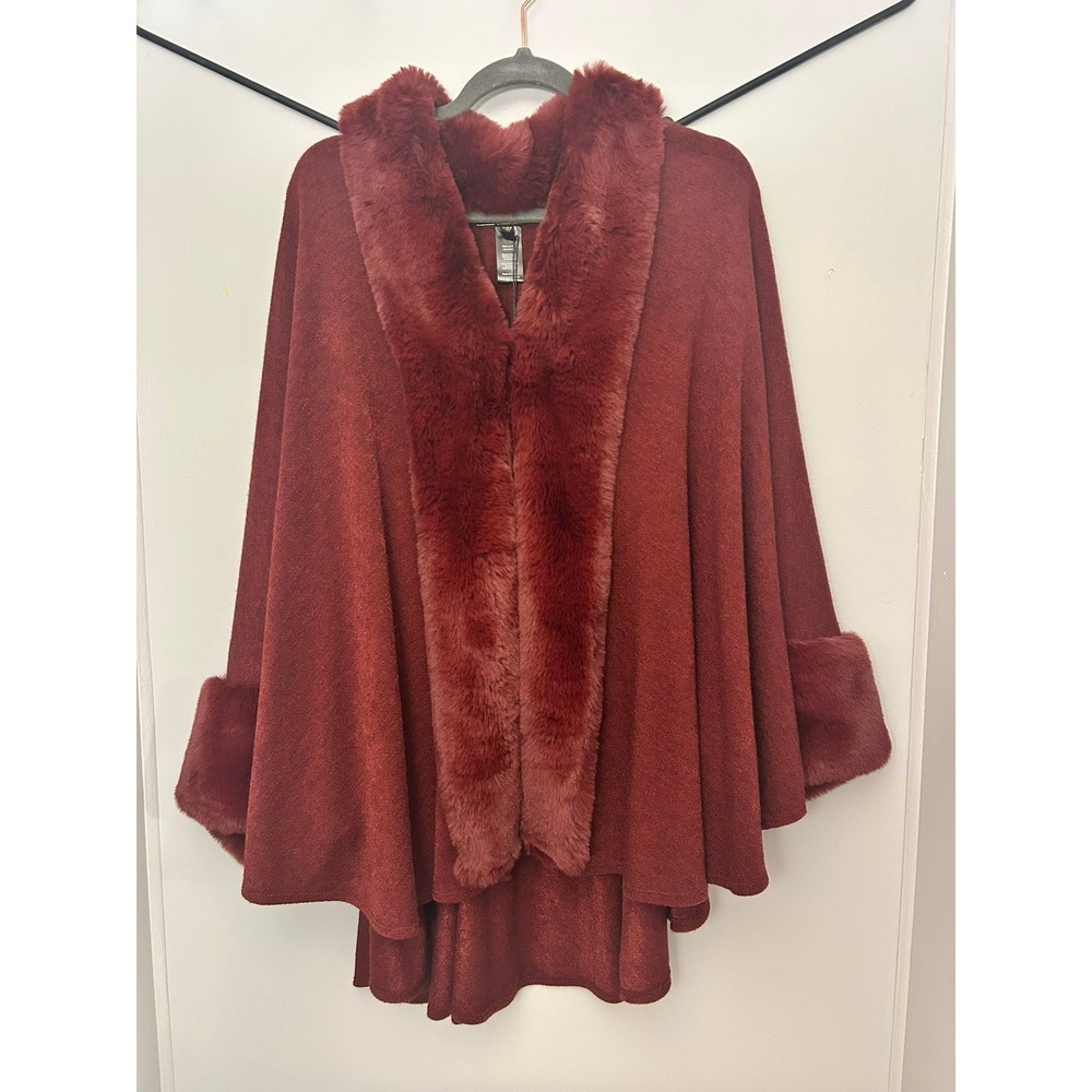 Heidi Daus Burgundy Faux Fur Trim Cape Wrap Poncho Wine Red M/L New